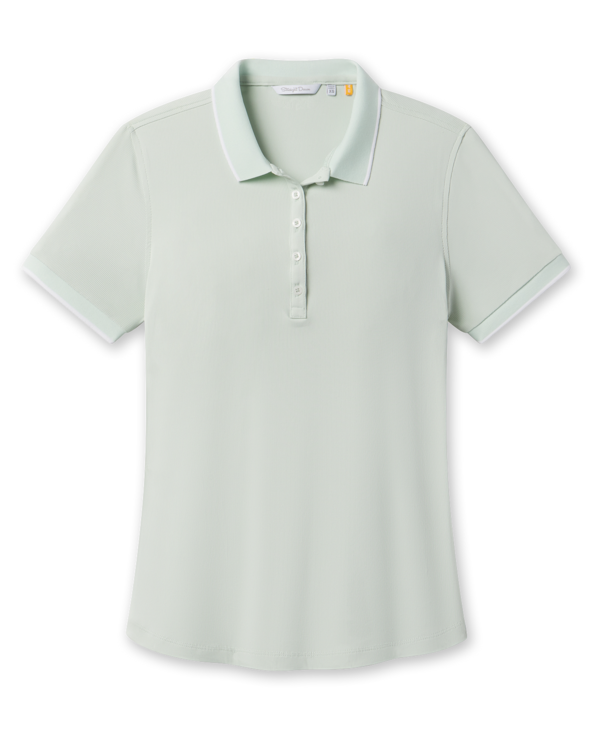 Front product view of the Sindy Polo in Lemongrass, featuring a ribbed texture, button placket, and white contrast trim at the collar and sleeves.