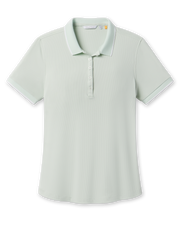 Front product view of the Sindy Polo in Lemongrass, featuring a ribbed texture, button placket, and white contrast trim at the collar and sleeves.