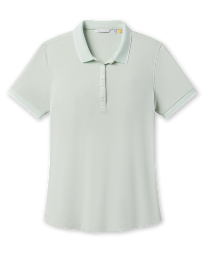 Front product view of the Sindy Polo in Lemongrass, featuring a ribbed texture, button placket, and white contrast trim at the collar and sleeves.