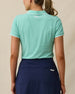 Sindy Rib Knit Polo in Cascade with white tipped collar and sleeves, back model view