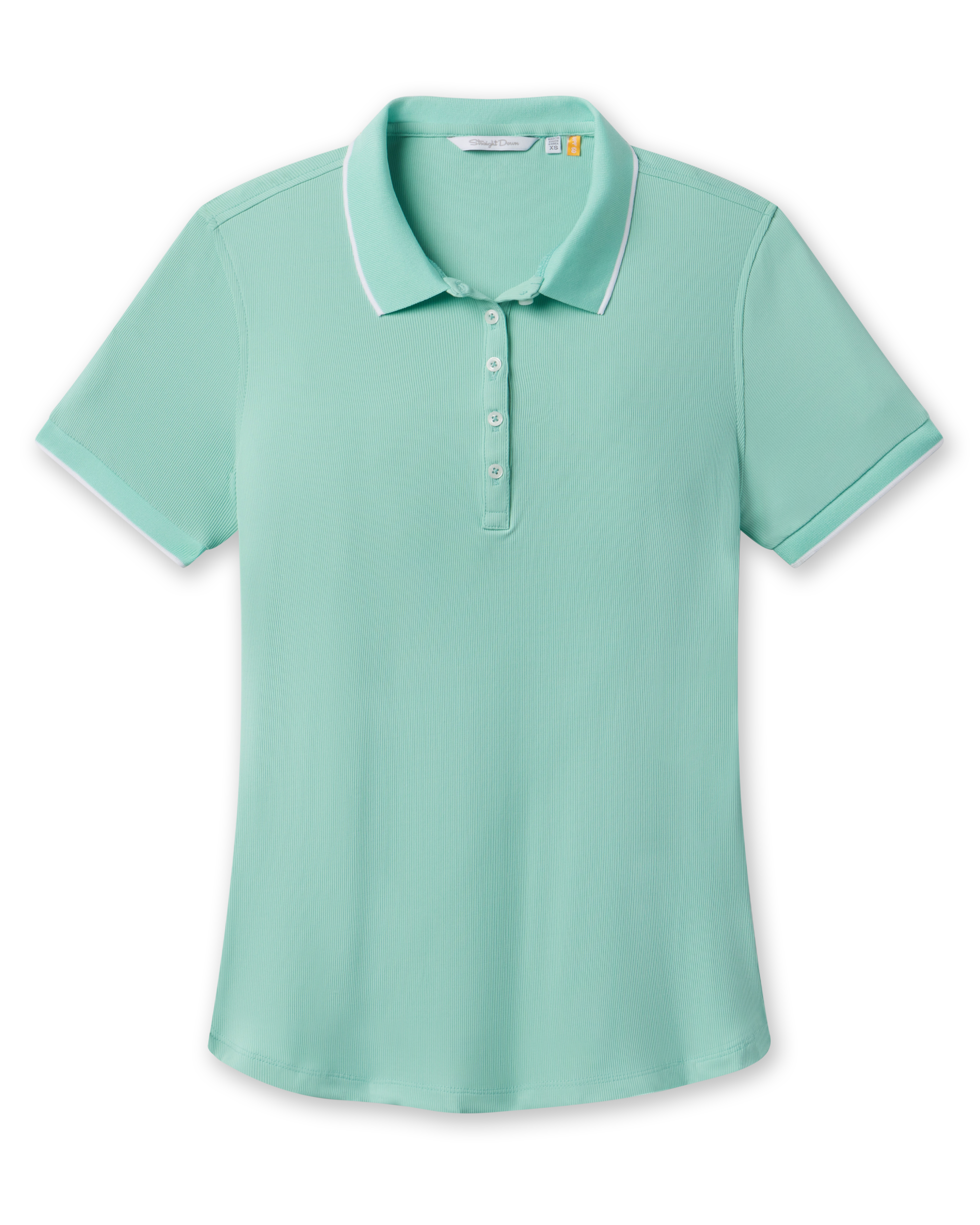 Sindy Rib Knit Polo in Cascade with white tipped collar and sleeves, front view