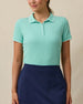 Sindy Rib Knit Polo in Cascade with white tipped collar and sleeves, front model view