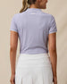 Back view of the Sindy Rib Knit Polo in Cosmic Purple featuring a streamlined fit, rib knit texture, and embroidered logo below the collar