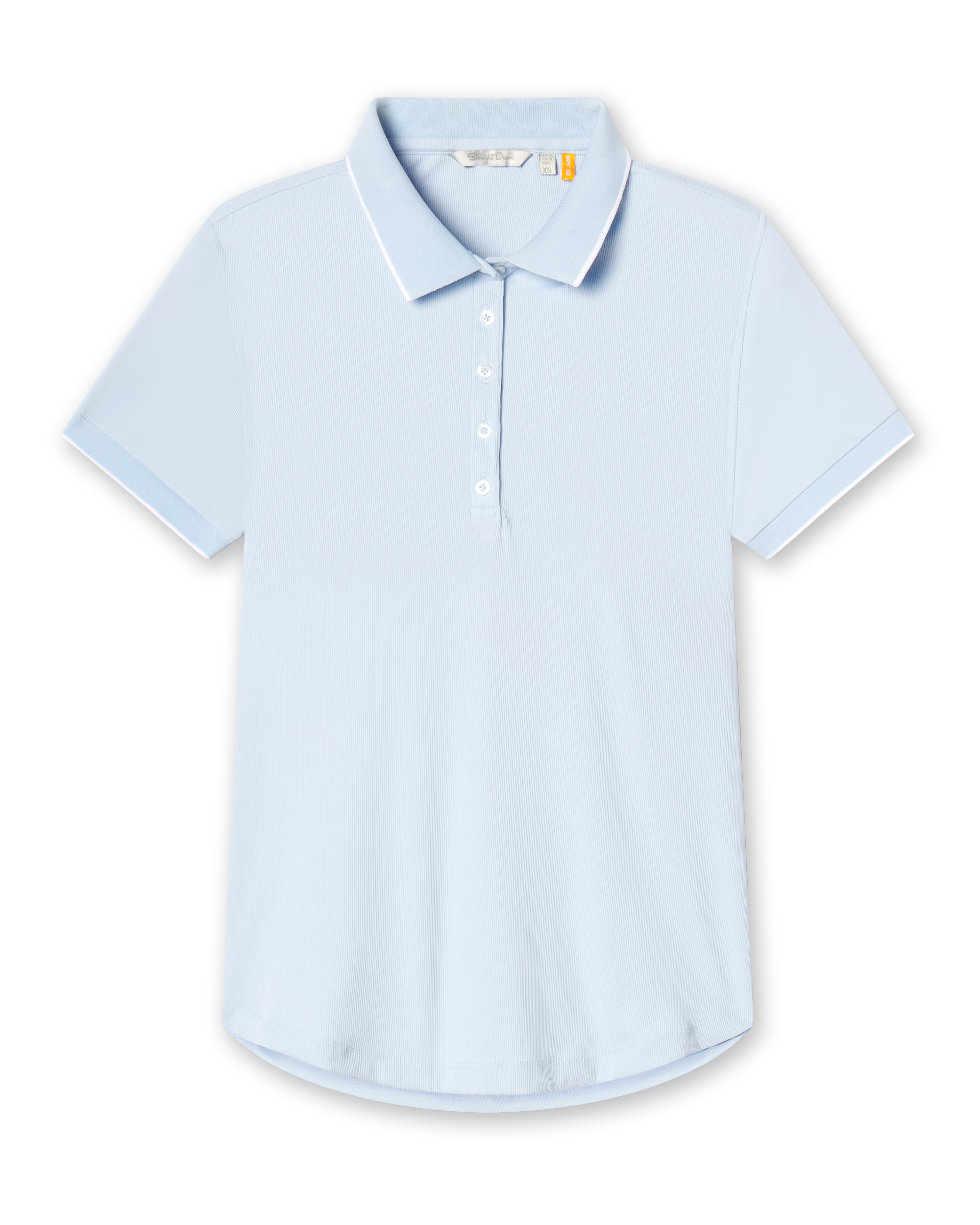 Women's rib knit polo shirt in light blue with white trim on the collar and sleeve cuffs.
