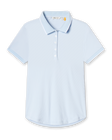 Women's rib knit polo shirt in light blue with white trim on the collar and sleeve cuffs.