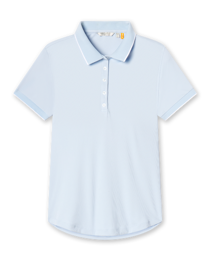 Women's rib knit polo shirt in light blue with white trim on the collar and sleeve cuffs.