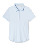 Women's rib knit polo shirt in light blue with white trim on the collar and sleeve cuffs.