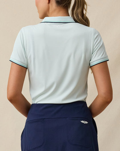 Sindy Rib Knit Polo in Mint Green with contrast tipped collar and sleeves, back model view