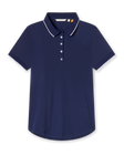 Women's navy rib knit polo shirt with white piping on the collar and cuffs, short sleeves.