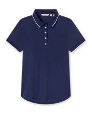 Women's navy rib knit polo shirt with white piping on the collar and cuffs, short sleeves.