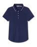 Women's navy rib knit polo shirt with white piping on the collar and cuffs, short sleeves.