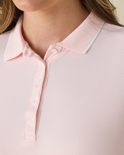 Women's Sindy Rib Knit Polo in Pearl, collar detail view featuring a light pink ribbed knit fabric with a spread collar and button front placket