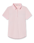 Women's pale pink rib knit polo shirt with white trimmed collar, button placket and short sleeves