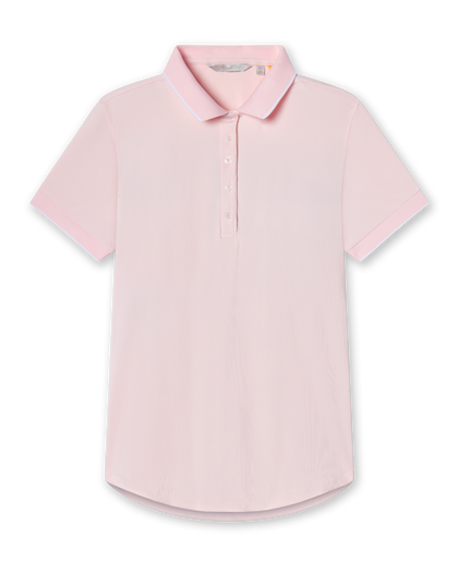 Women's pale pink rib knit polo shirt with white trimmed collar, button placket and short sleeves