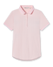 Women's pale pink rib knit polo shirt with white trimmed collar, button placket and short sleeves