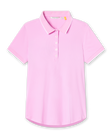 Pink rib knit polo shirt with white trim on the collar and sleeve hems, button placket.