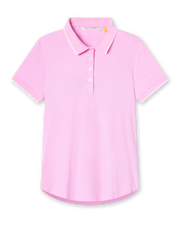 Pink rib knit polo shirt with white trim on the collar and sleeve hems, button placket.