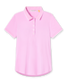 Pink rib knit polo shirt with white trim on the collar and sleeve hems, button placket.
