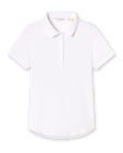 Women's rib knit polo shirt in white with a collar and button placket