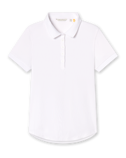Women's rib knit polo shirt in white with a collar and button placket
