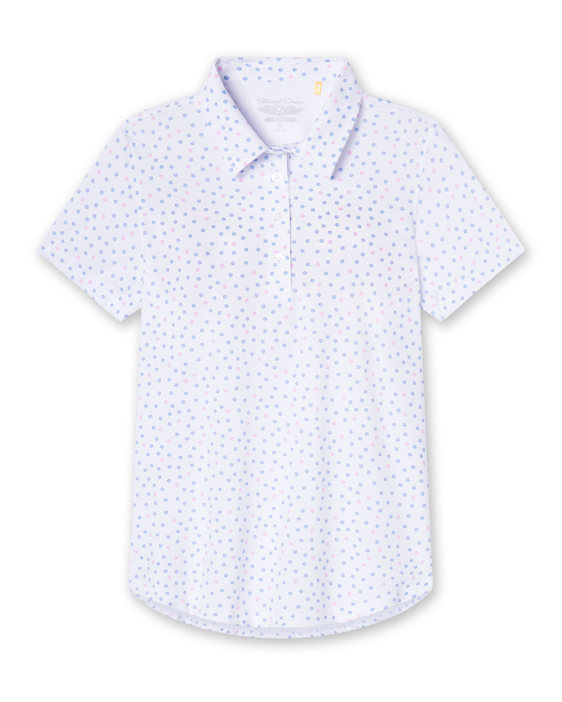 Straight Down Cherry Bloom Polo in White, flat lay front view featuring an allover purple and pink scattered floral print