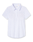 Straight Down Cherry Bloom Polo in White, flat lay front view featuring an allover purple and pink scattered floral print