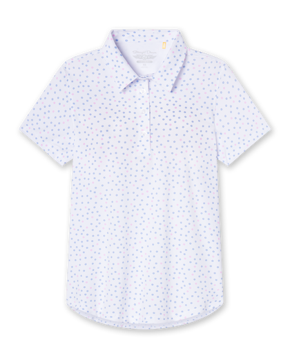 Straight Down Cherry Bloom Polo in White, flat lay front view featuring an allover purple and pink scattered floral print