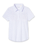 Straight Down Cherry Bloom Polo in White, flat lay front view featuring an allover purple and pink scattered floral print