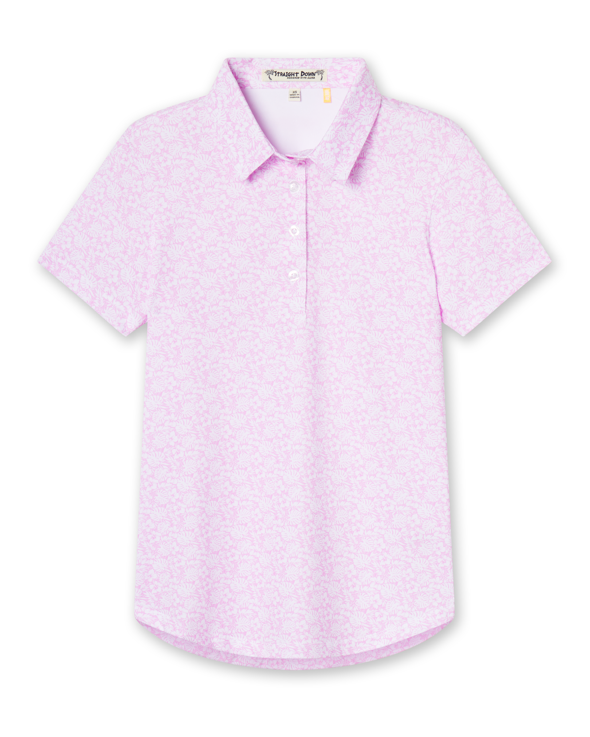 Straight Down Kiana Polo in Pink Floyd, flat lay front view featuring a pink and white allover tropical floral and leaf print