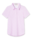 Straight Down Kiana Polo in Pink Floyd, flat lay front view featuring a pink and white allover tropical floral and leaf print