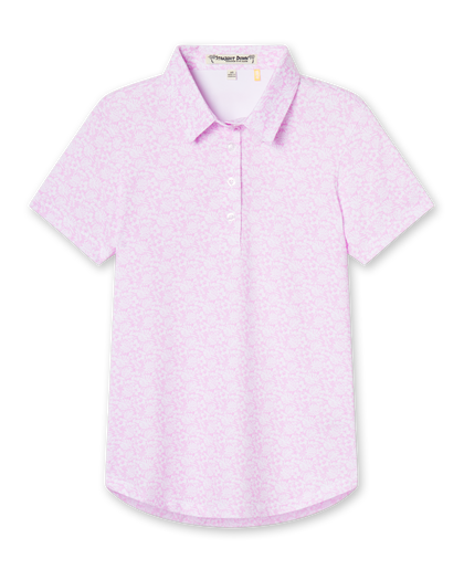 Straight Down Kiana Polo in Pink Floyd, flat lay front view featuring a pink and white allover tropical floral and leaf print