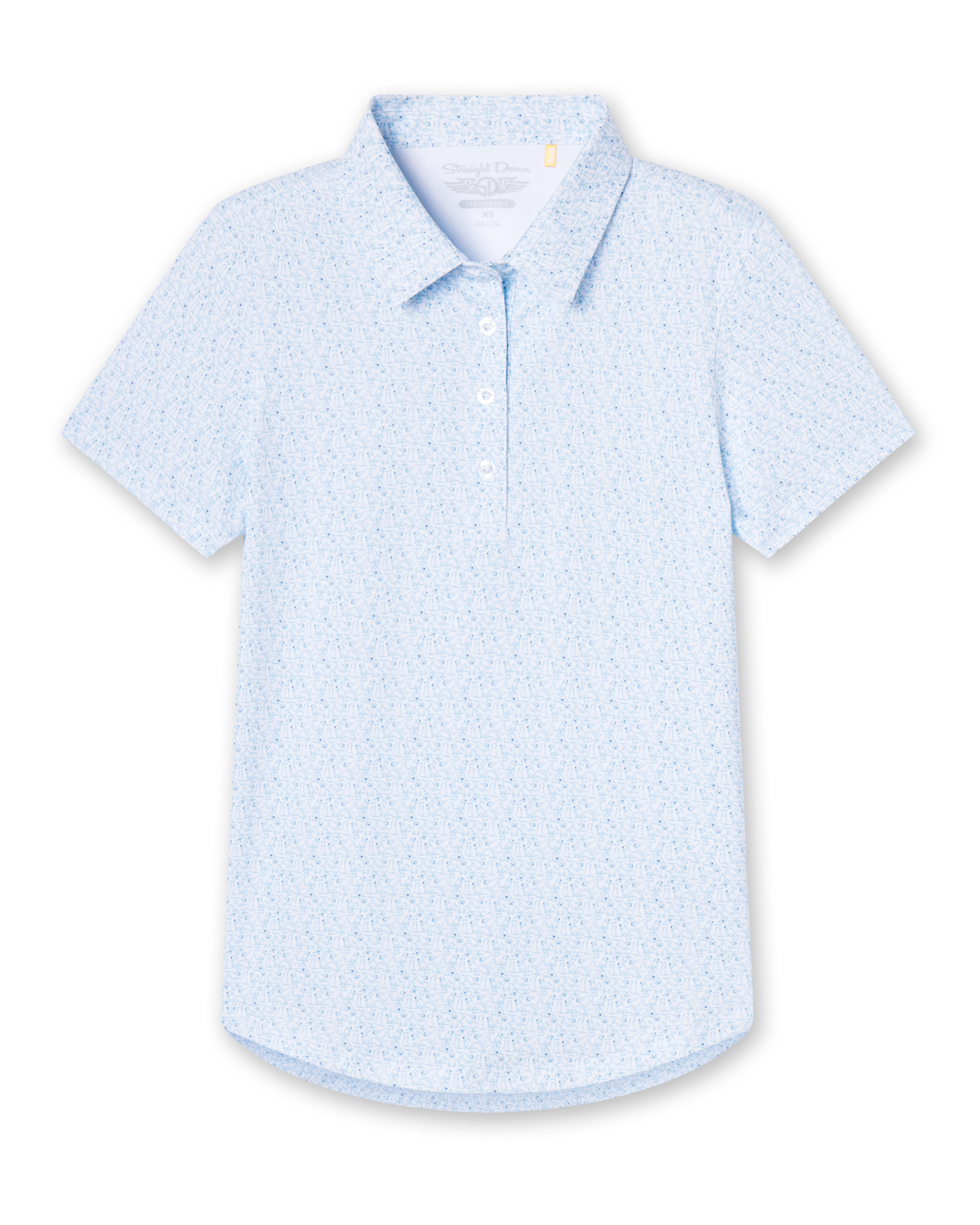 Dog Mom Polo in Coastal, flat lay front view featuring a light blue and white allover dog print pattern