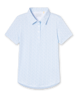Dog Mom Polo in Coastal, flat lay front view featuring a light blue and white allover dog print pattern