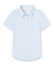 Dog Mom Polo in Coastal, flat lay front view featuring a light blue and white allover dog print pattern