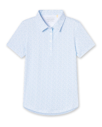 Dog Mom Polo in Coastal, flat lay front view featuring a light blue and white allover dog print pattern