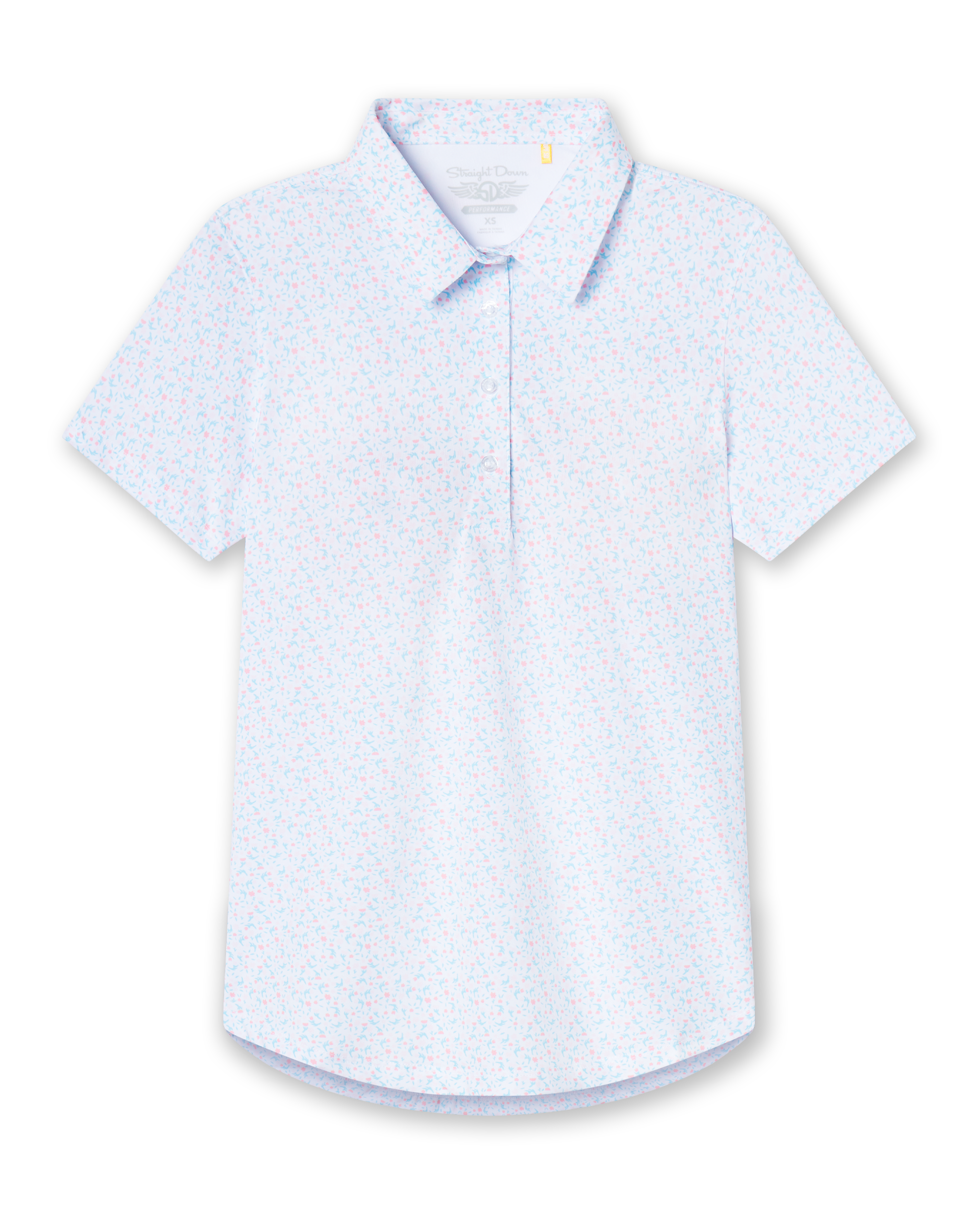 Spring Valley Polo in Spritz, flat lay front view featuring a white base with light blue floral vine and coral dot allover print pattern