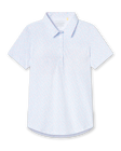 Spring Valley Polo in Spritz, flat lay front view featuring a white base with light blue floral vine and coral dot allover print pattern