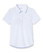 Spring Valley Polo in Spritz, flat lay front view featuring a white base with light blue floral vine and coral dot allover print pattern
