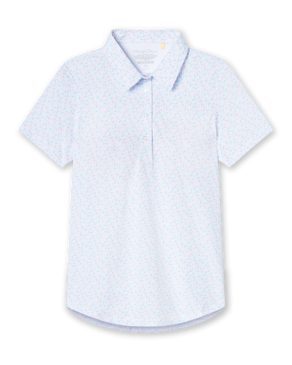 Spring Valley Polo in Spritz, flat lay front view featuring a white base with light blue floral vine and coral dot allover print pattern