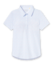 Spring Valley Polo in Spritz, flat lay front view featuring a white base with light blue floral vine and coral dot allover print pattern