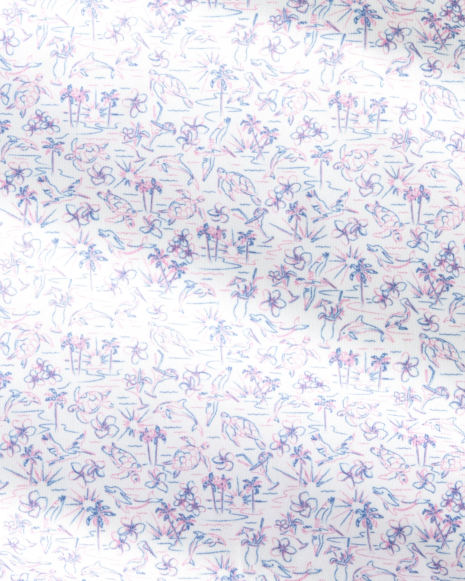 A close-up of a white fabric or paper surface covered in a dense, hand-drawn pattern of small palm trees and tropical motifs in blue and pink lines.