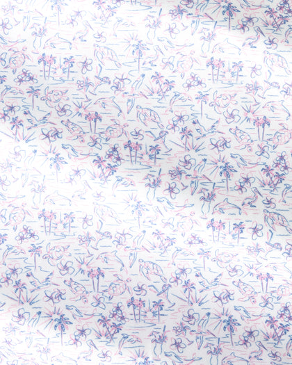 A close-up of a white fabric or paper surface covered in a dense, hand-drawn pattern of small palm trees and tropical motifs in blue and pink lines.