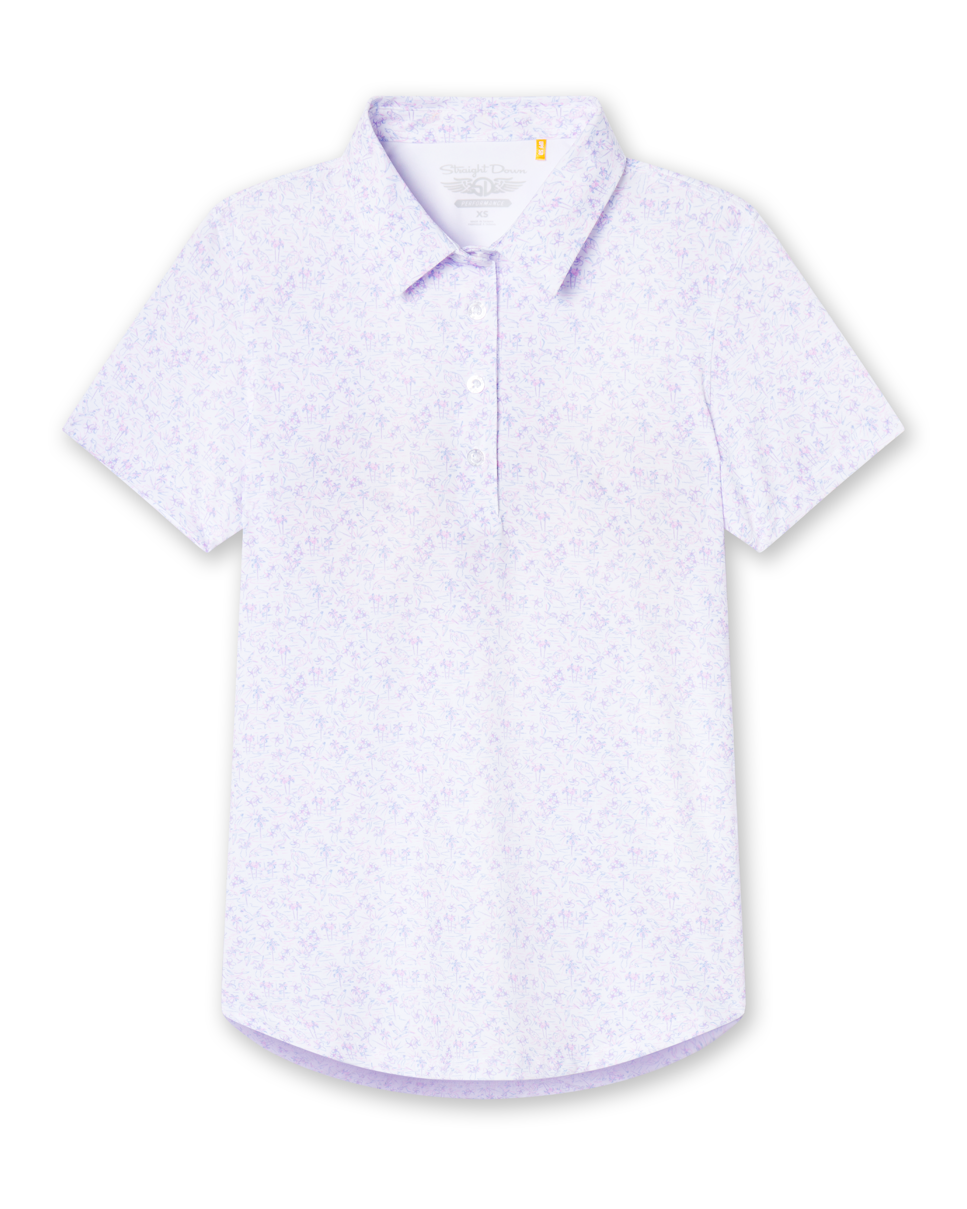 Straight Down Kokomo Polo in White, flat lay front view featuring an allover purple sketch-style tropical print with palm trees, florals, turtles, dolphins and pelicans
