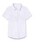 Straight Down Kokomo Polo in White, flat lay front view featuring an allover purple sketch-style tropical print with palm trees, florals, turtles, dolphins and pelicans