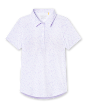 Straight Down Kokomo Polo in White, flat lay front view featuring an allover purple sketch-style tropical print with palm trees, florals, turtles, dolphins and pelicans