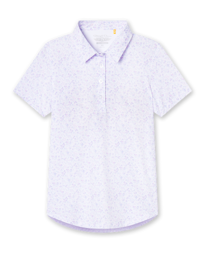 Straight Down Kokomo Polo in White, flat lay front view featuring an allover purple sketch-style tropical print with palm trees, florals, turtles, dolphins and pelicans