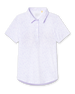 Straight Down Kokomo Polo in White, flat lay front view featuring an allover purple sketch-style tropical print with palm trees, florals, turtles, dolphins and pelicans