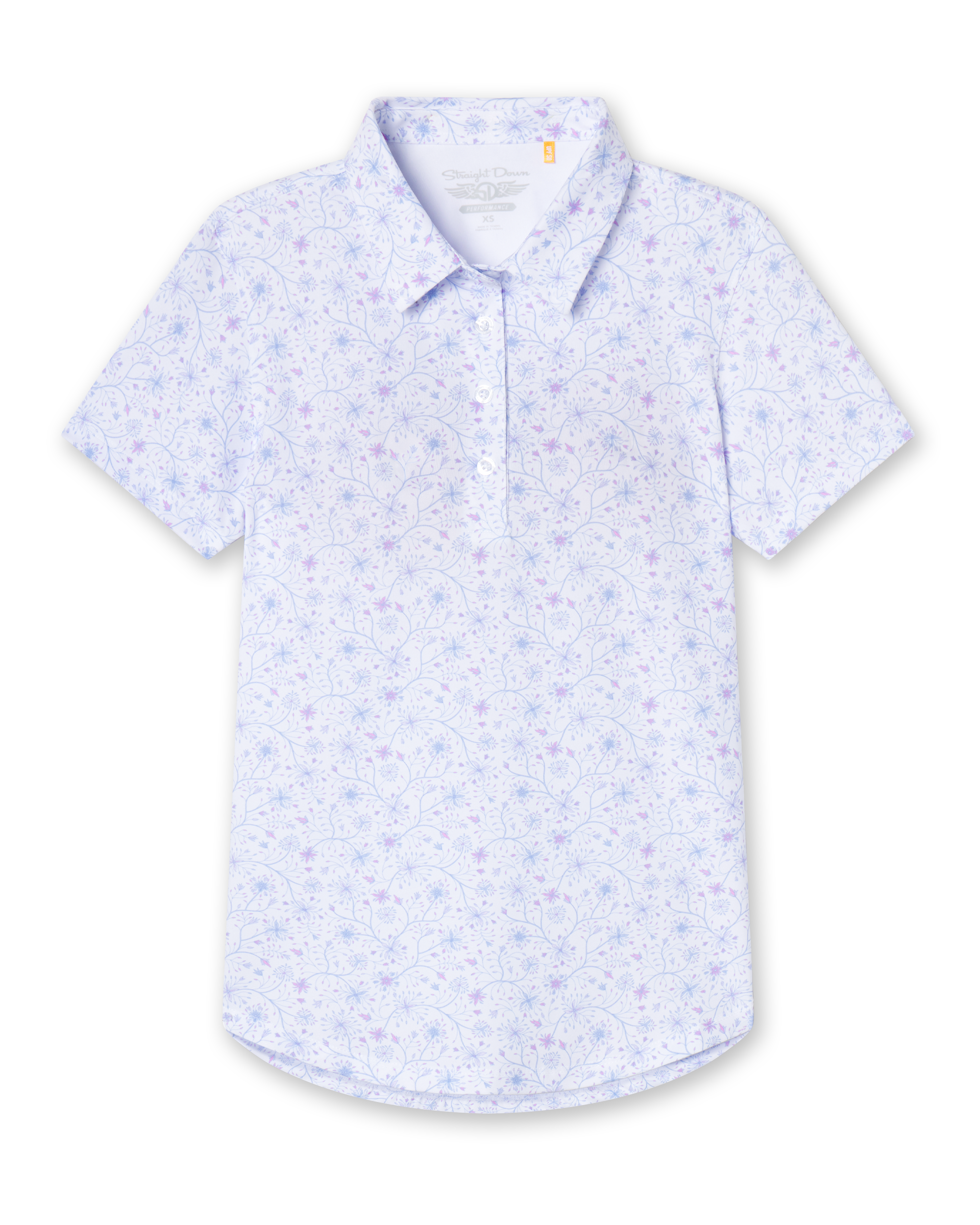 Straight Down Mariette Polo in Pink Floyd, flat lay front view featuring an allover blue and purple vine floral print