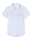 Straight Down Mariette Polo in Pink Floyd, flat lay front view featuring an allover blue and purple vine floral print
