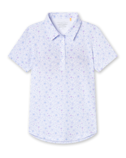 Straight Down Mariette Polo in Pink Floyd, flat lay front view featuring an allover blue and purple vine floral print